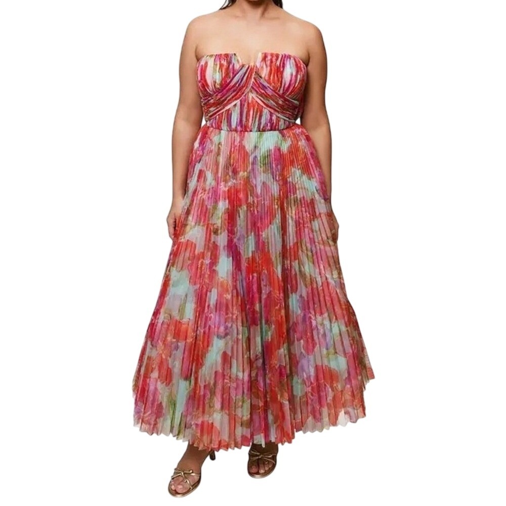 Hutch Corene Strapless Floral Tulle Pleated Maxi Dress Pink Multi Size 20W NWT